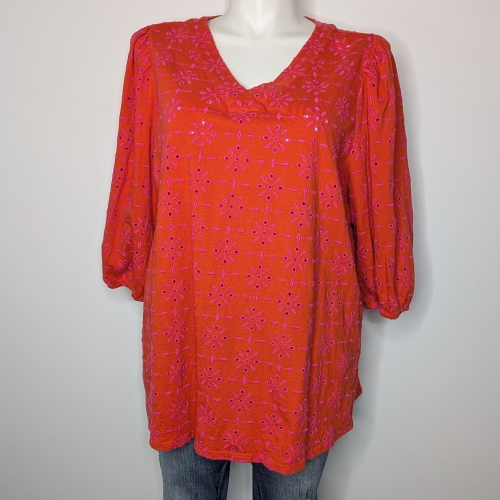 J Jill Orange Pink Eyelet Lace 1/2 Sleeve V Neck Top 2X